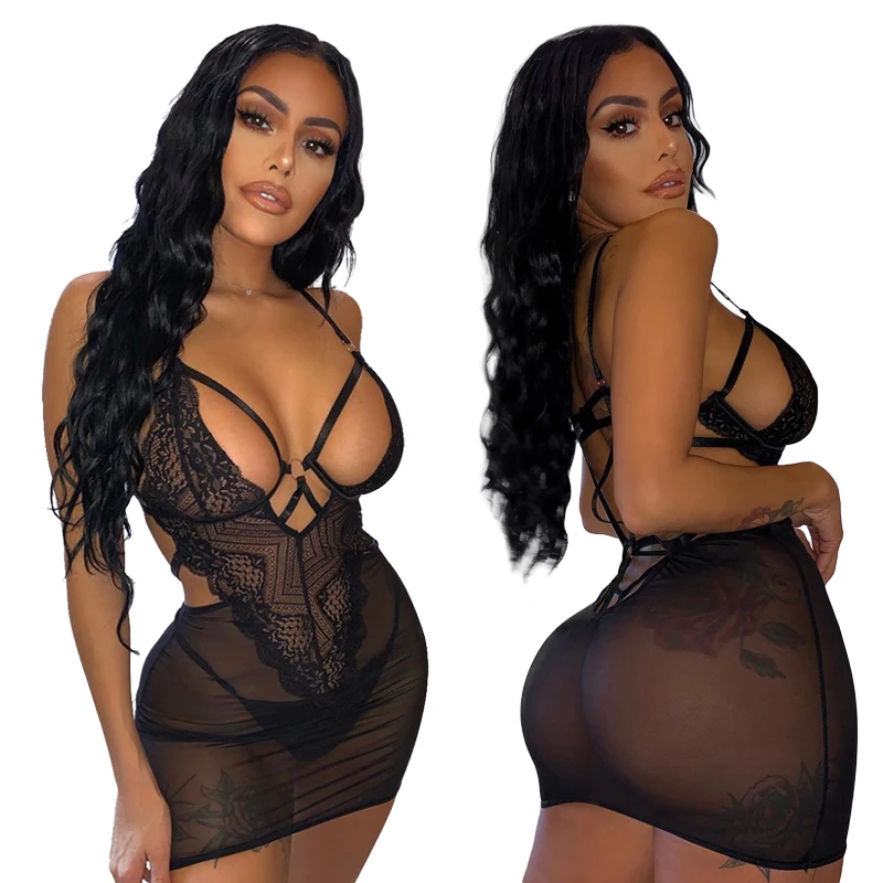 

New Hot Fashion Black Sexy Mesh Lingerie Dress Transparente Femenina Erotica Encaje Sexi Lenceria Mujer