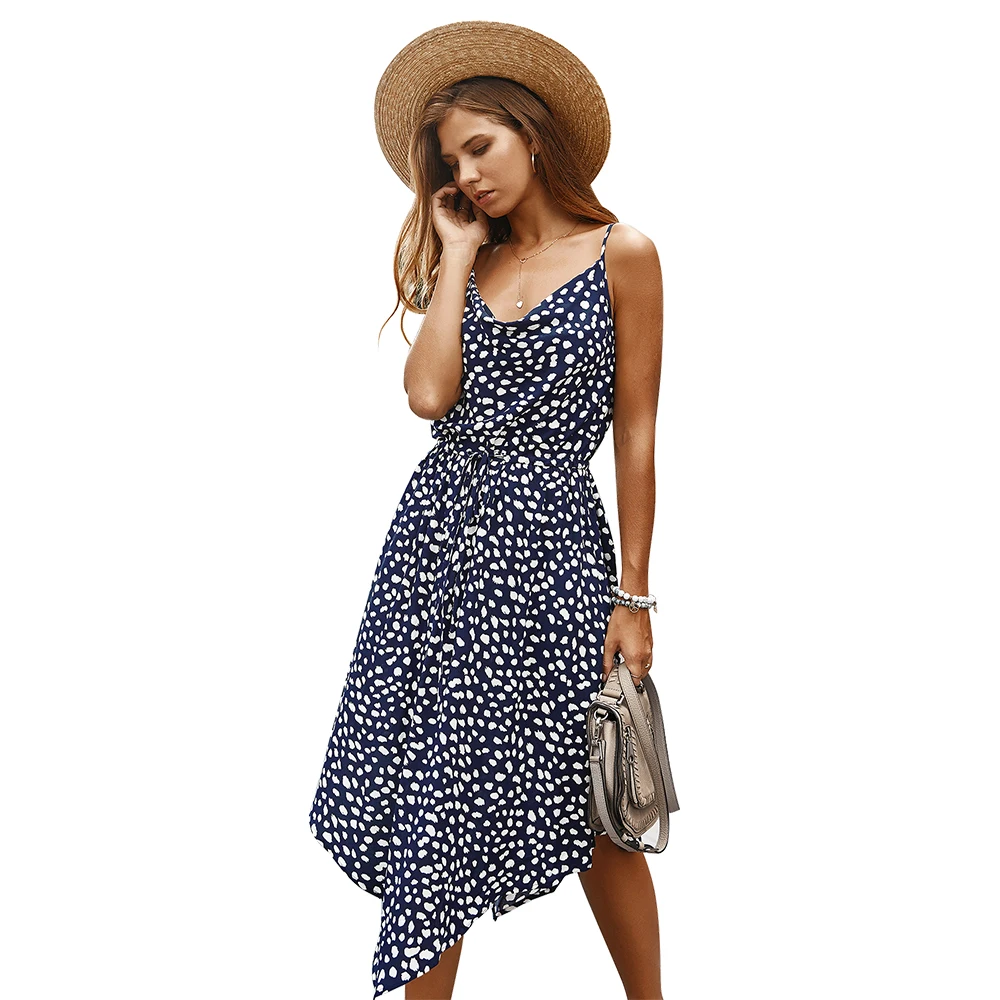 

MUTONGYI Spaghetti Strap Dress Polka Dot Printing Irregular Hem Dress with Belt Girls Boutique Dresses, Multi