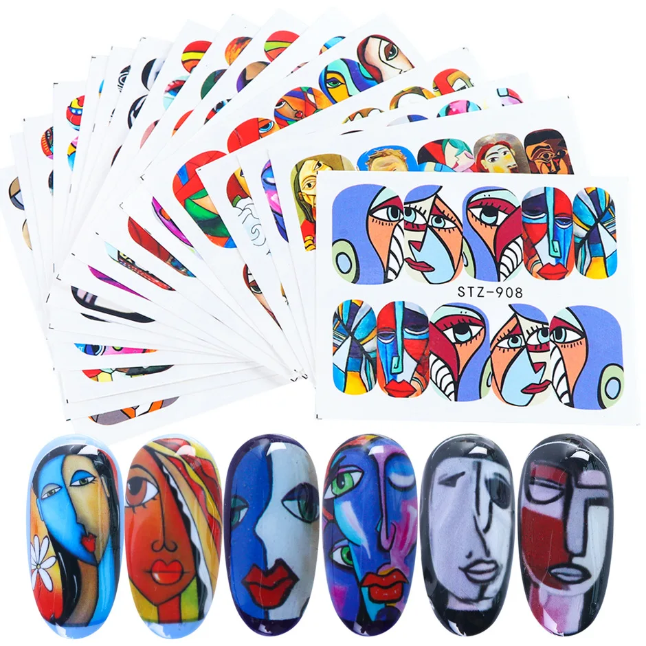 

Free Shipping Wholesale Cartoon Nail Art Decals Manicure Products Graphic Logo Color Painting Head Abstract Nail Art Stickers