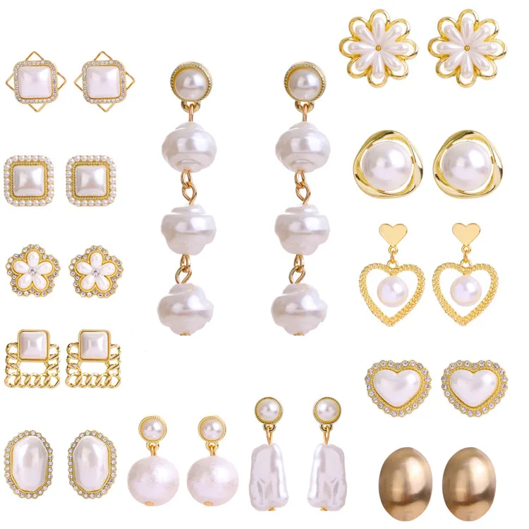 

VKME korean hanging pearl earrings Baroque irregular Gold Plated Long Drop Crystal Pearls Stud Earrings Women Jewelry