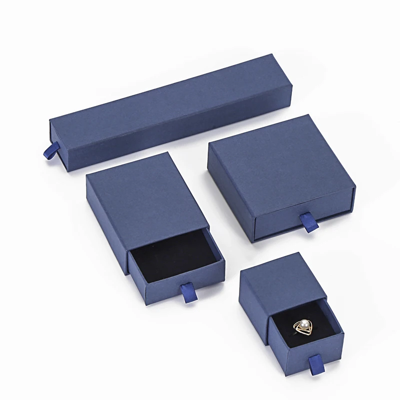 OEM Blue Cardboard Luxury Mini Earring Ringbox Ring Jewellery Packing Pouch Drawer Box Necklace Jewelry Custom Logo With Foam