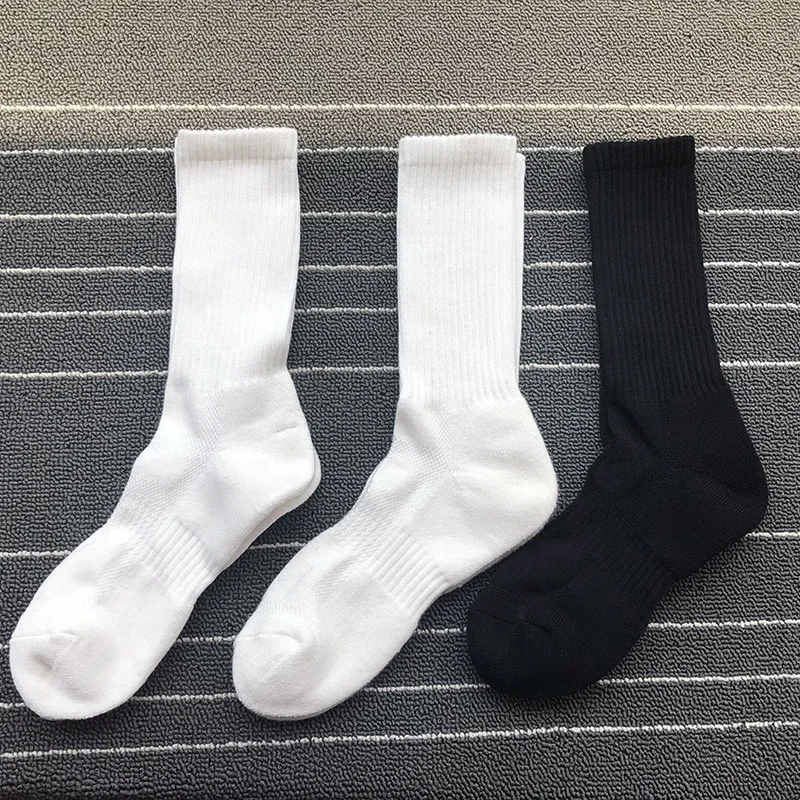 

Men's Sports Breathable Black White Solid Color Towel Bottom Terry Thick Cotton Socks, Picture