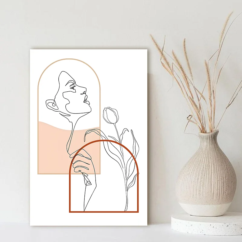 Wholesale Abstract Line Art Minimal Face Line Drawing Modern Wall Art Abstract and Woman Flower Line Drawing