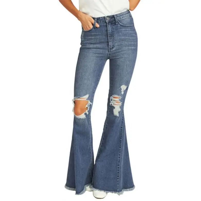 

Hot Sale Women Fashion Wholesale Sky Blue Zip Up Ripped Bell Bottom Jeans
