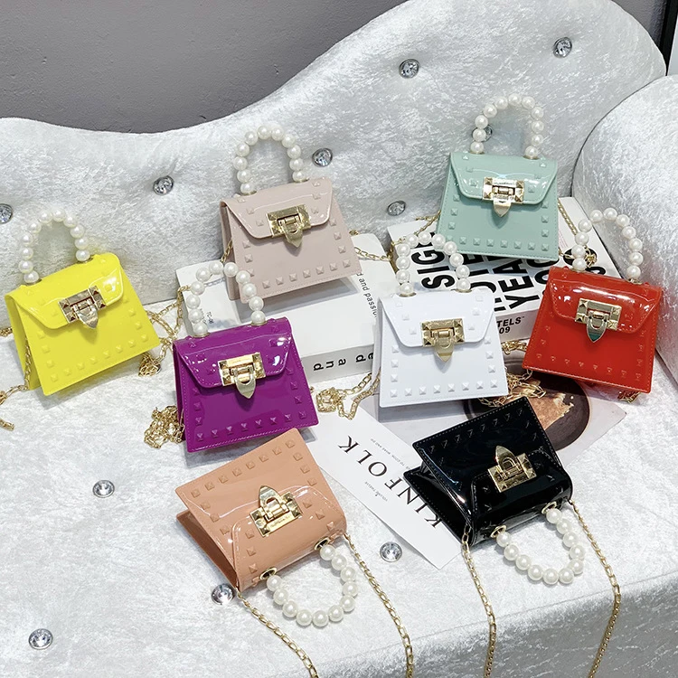 

2021 new children's PVC coin purse jelly bag shoulder diagonal pearl handbag, White, yellow, wine red, black, pink, green, purple red, apricot,