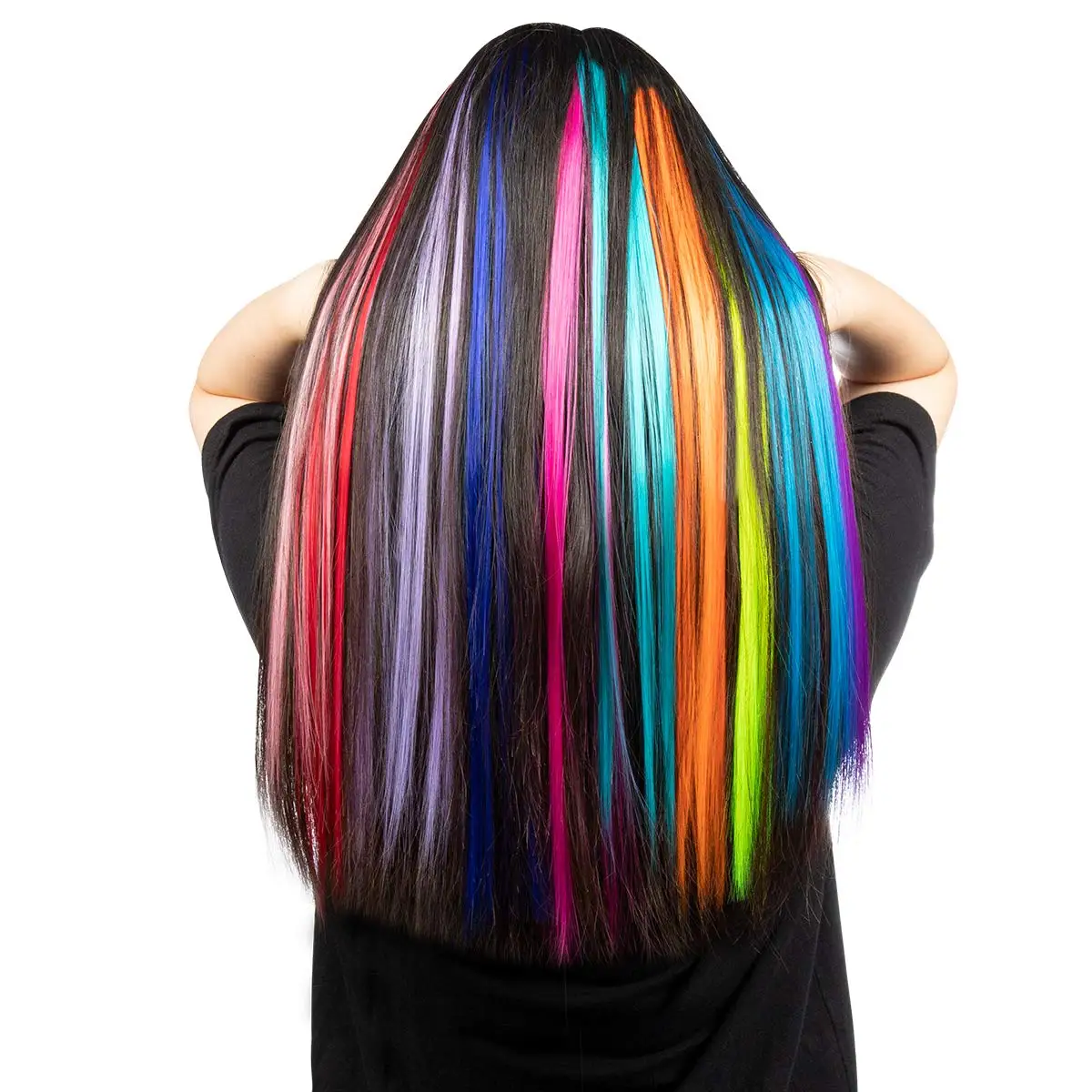 

12 Pcs Colored Party Highlights Colorful Clip in Hair ExtensionsStraight Synthetic Hairpieces for Women Kids Girls, Natural colors