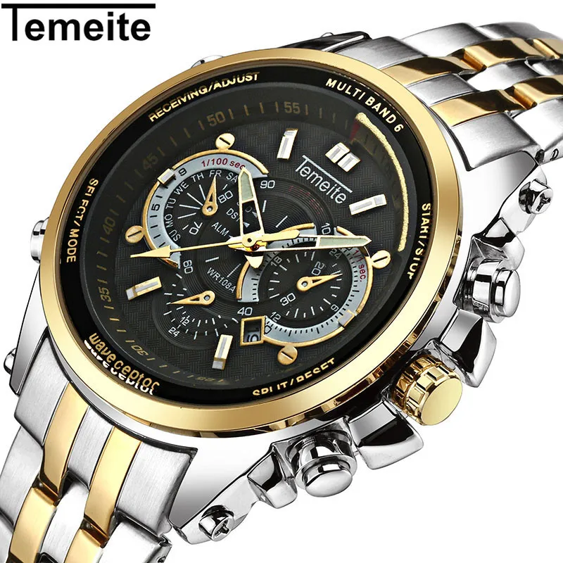 

TEMEITE 710G-B Chronograph Wristwatch Men Quartz Watch Luxury Gold Watches Stainless Steel Relogio Masculino