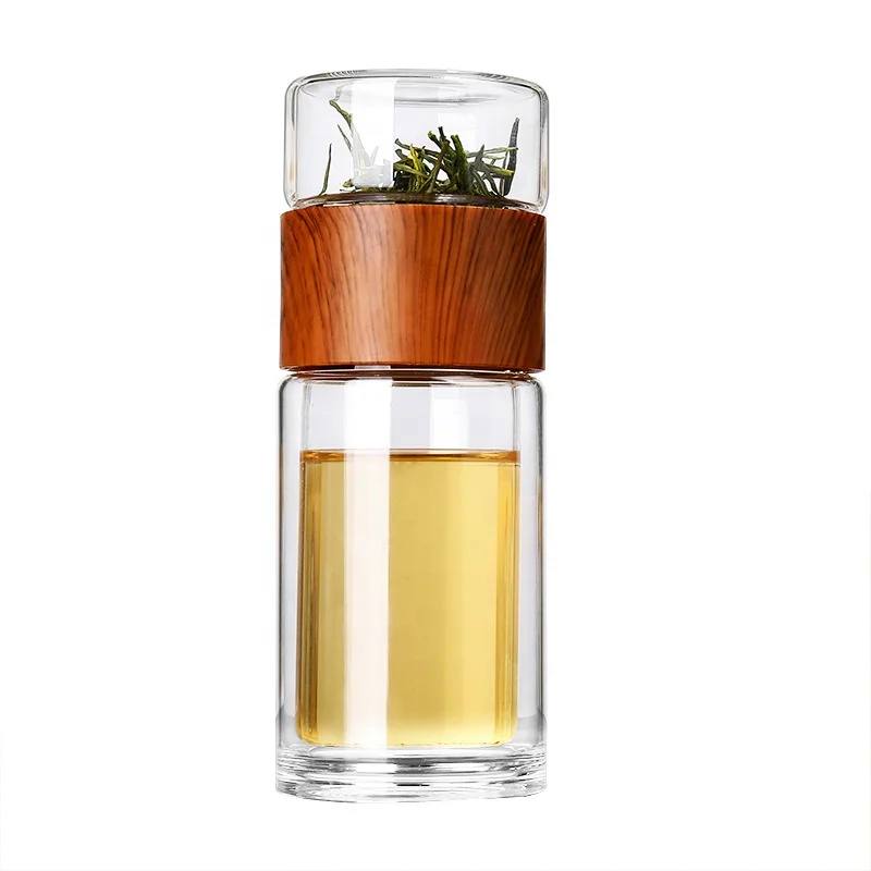 

Custom 230ml New Design Double Wall Tea Water Separation Glass Bottle With Stainless Steel Fifter, Transparent