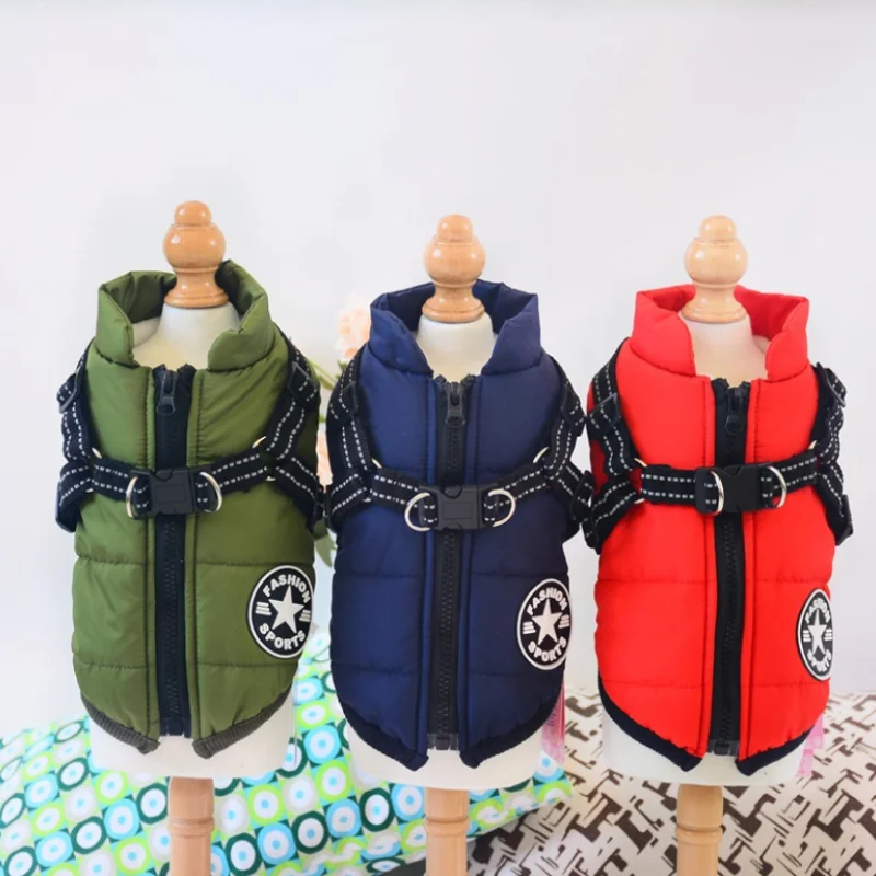 

Hot Selling Pet Clothes Autumn Winter Flleece Dog Coats Harness Integrated Cotton Waterproof Dog Winter Coats