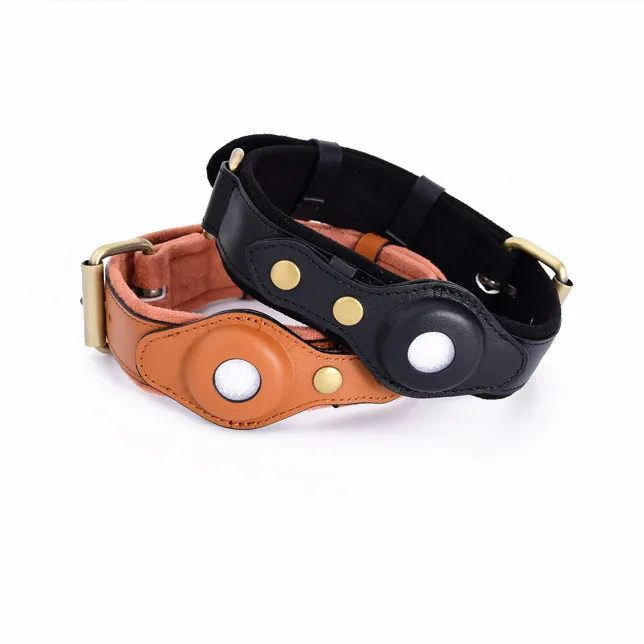 

2022 New Pet Dog Soft Leather for Airtag Protective Sleeve Small and Medium Dog Real Leather Collar RIBBONS Brown Quick Release