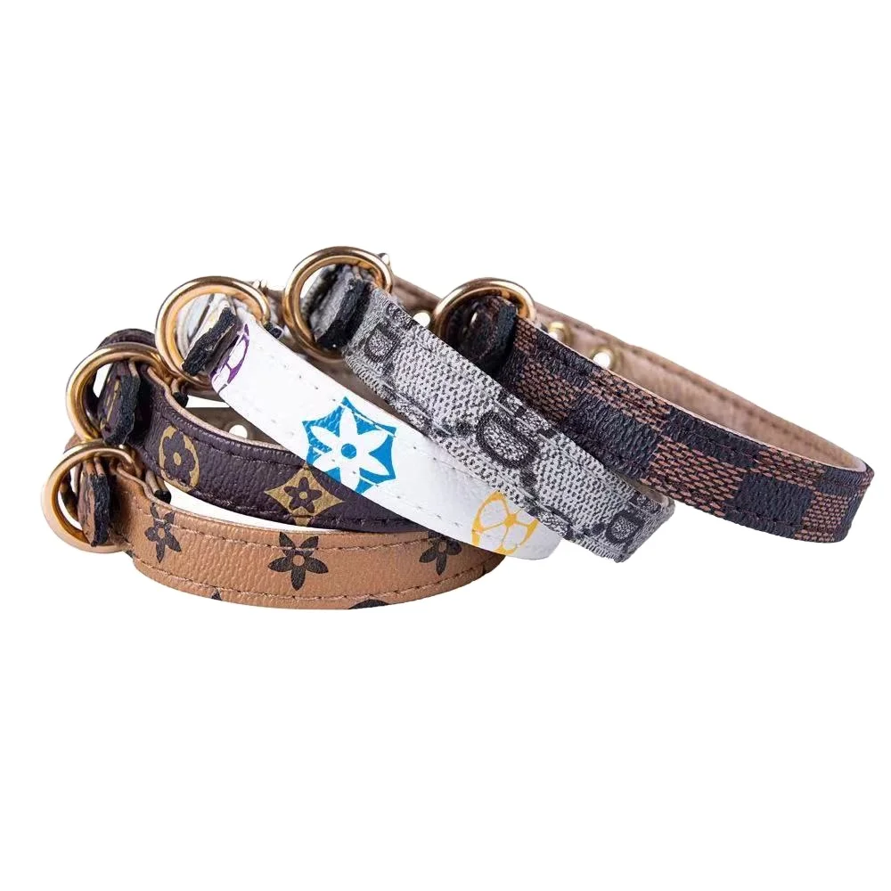 

Pet 2021 Custom Design Hot Selling Luxury Adjustable Dog Collar Famous Brand Printing Genuine Leather Dog Leash And Collar Set