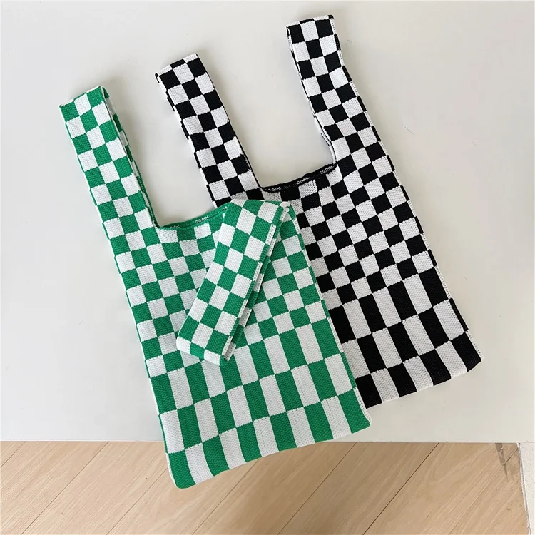 

2021 new knitted beach bag trendy luxury checkerboard women's handbag fashion patchwork plaid women's tote bag