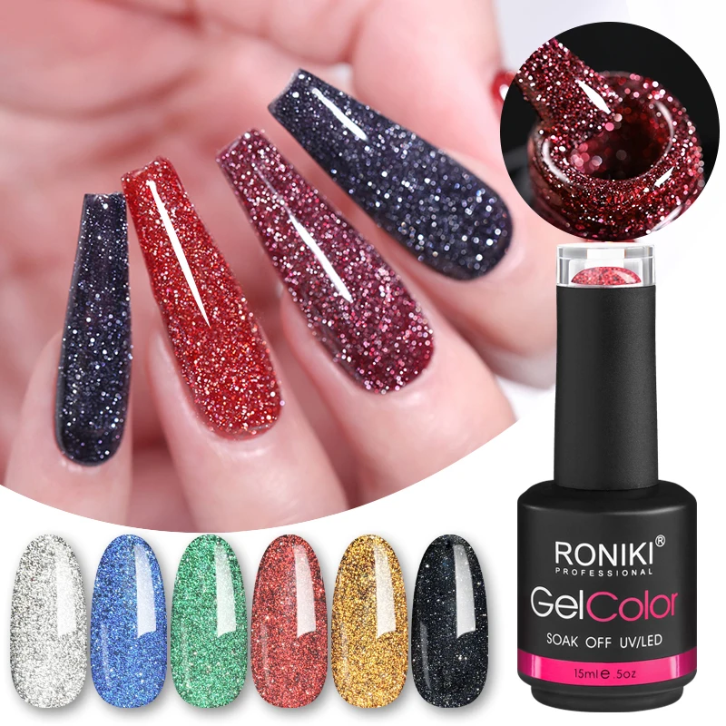 

RONIKI New Arrival Flash Disco Gel Glow In The Dark Glitter Reflective Gel Polish, 6 colors