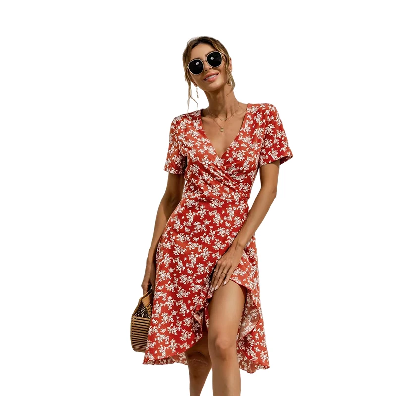 

2021 summer new style sexy V-neck tie flowers short sleeves womens casual dresses