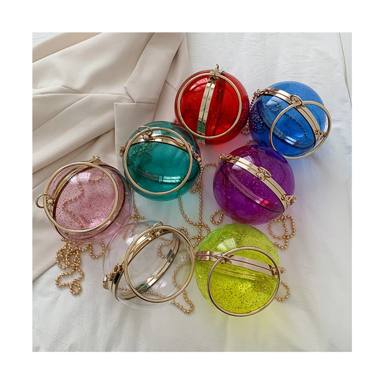 

Acrylic Round Clear Chains Purses Ladies Metal Handle Sequined Shoulder Crossbody Bolsa 2021 Transparent Women Hand Bags Clutch