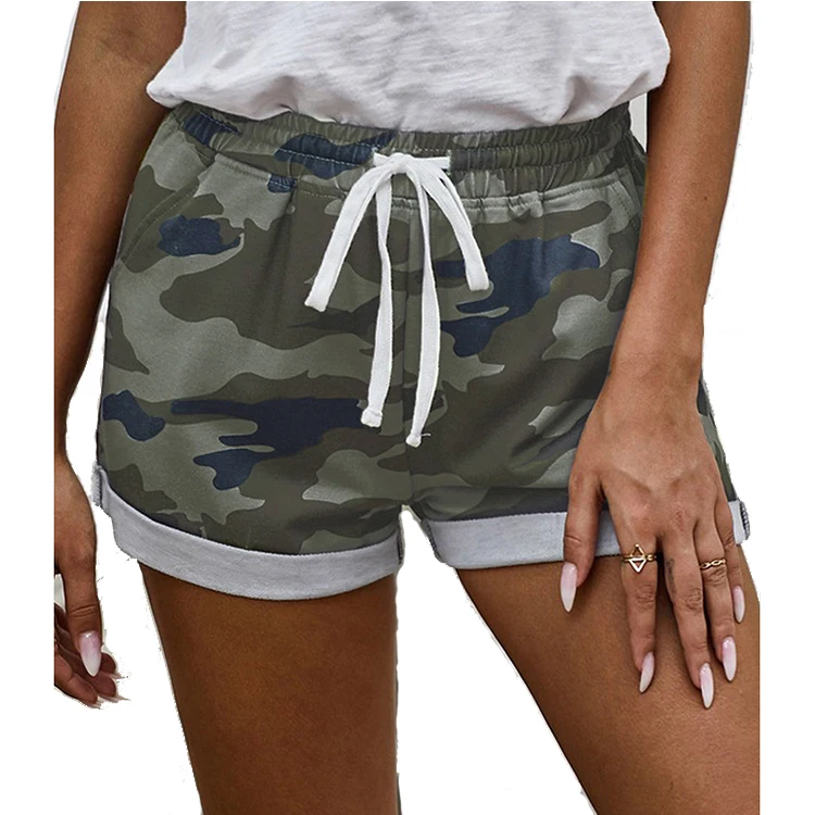 

Fashion camouflage shorts women popular roll up hem drawstring shorts, Black, navy, red, dark grey, green, white,or customized
