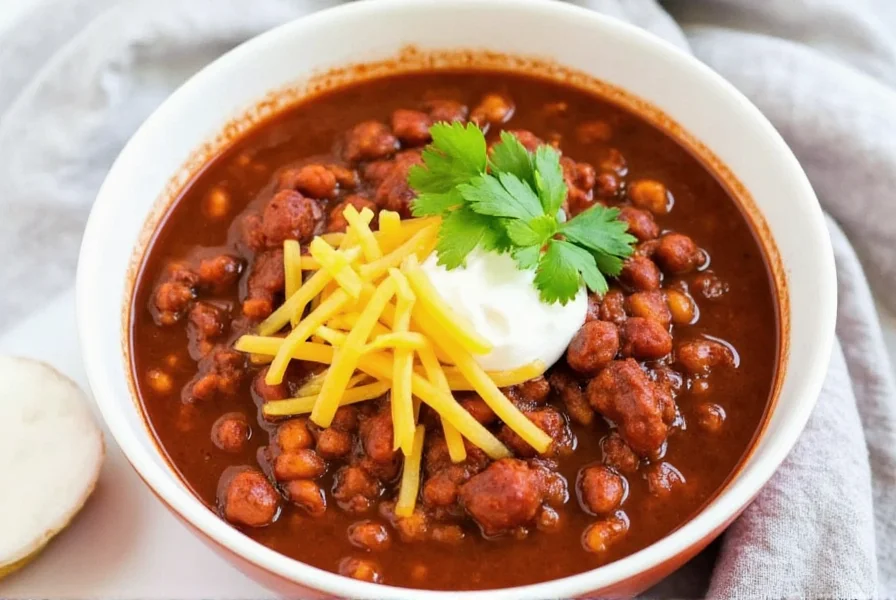 Perfectly cooked Instant Pot chili in ceramic bowl with toppings including shredded cheese, sour cream, and fresh cilantro