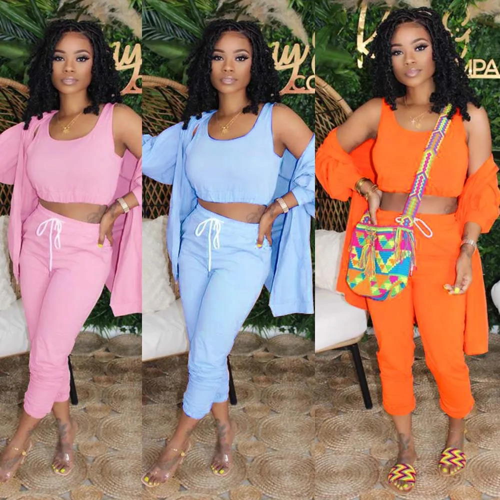 

2020 Fashion Women Outfit 3 Piece Set Long Sleeve Hooded Cardigan Drawstring Pants Matching Sets Women Outfits, Pink, blue, orange