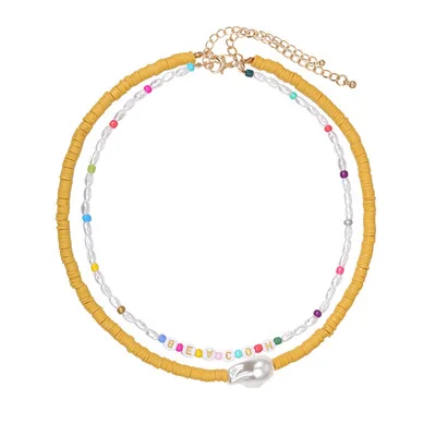 

2021 Newest Jewelry Colorful Seed Beads Pearl Necklace Disc Seed Beaded Layered Pearl Initial Necklace For Women