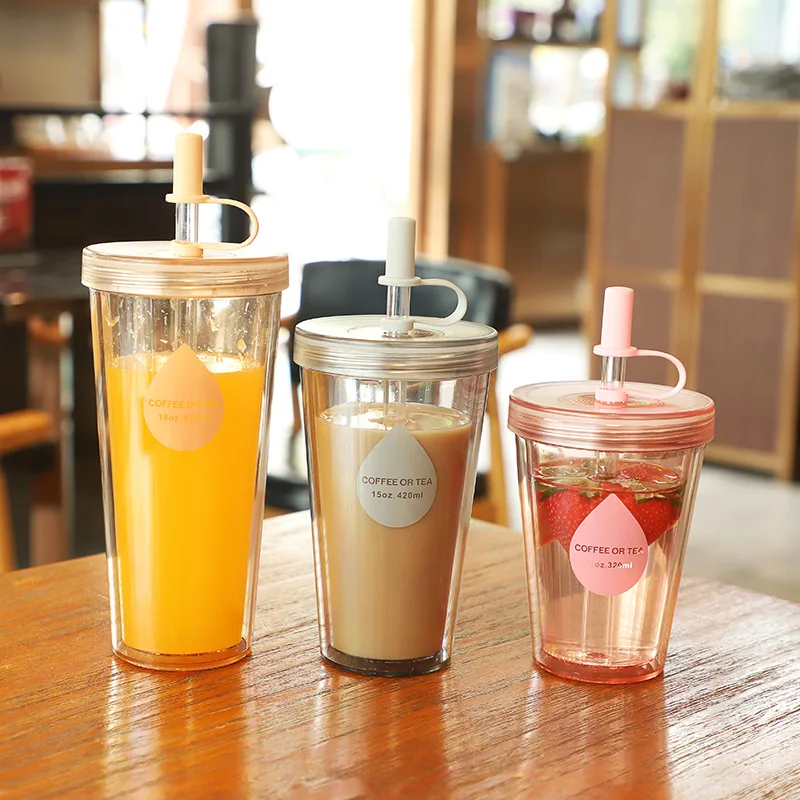 

Wholesale Clear 11 15 18 OZ BPA Free Double Wall Drinking Coffee Mug Reusable Juice Bubble Tea Plastic Cup with Lid, Pink/green/blue/khaki/gray