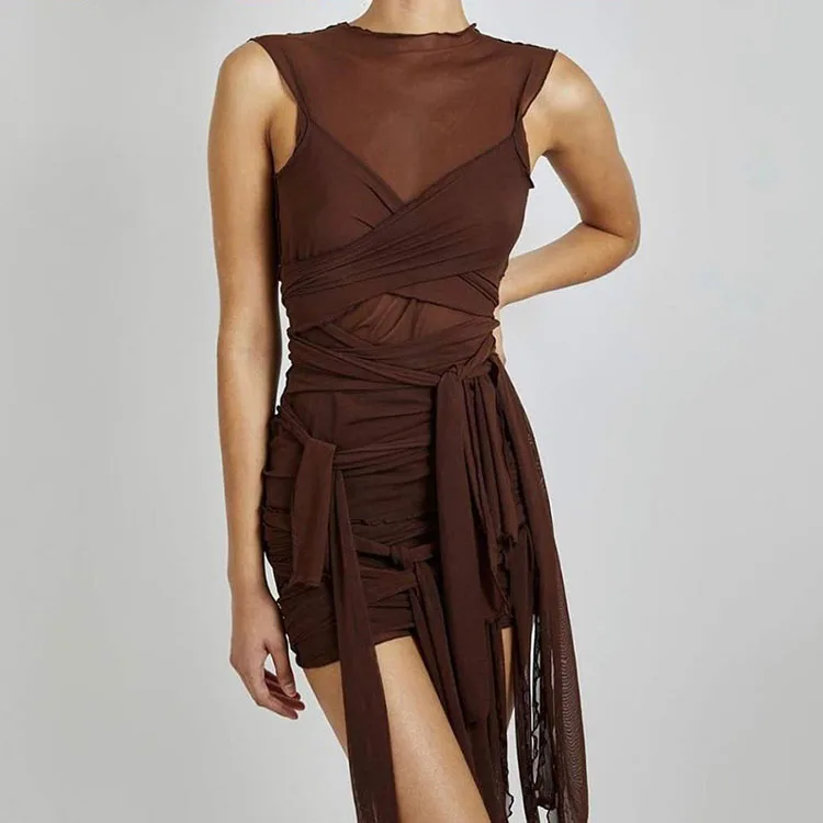 

Spring Dress Chic Gauze Tie Wrap Sleeveless See Through Asymmetrical Bodycon Dress Bandage Women Sexy Dresses 2021 Clothes -YS, Brown