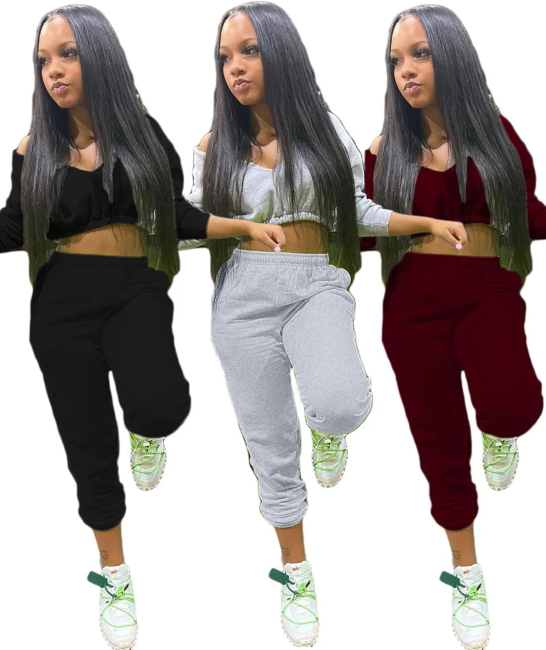 

2021 Women's Trousers Two Piece Long Sets Jogger Set Crop Top V-neck Outfit Women 2 Piece Sweat Suits
