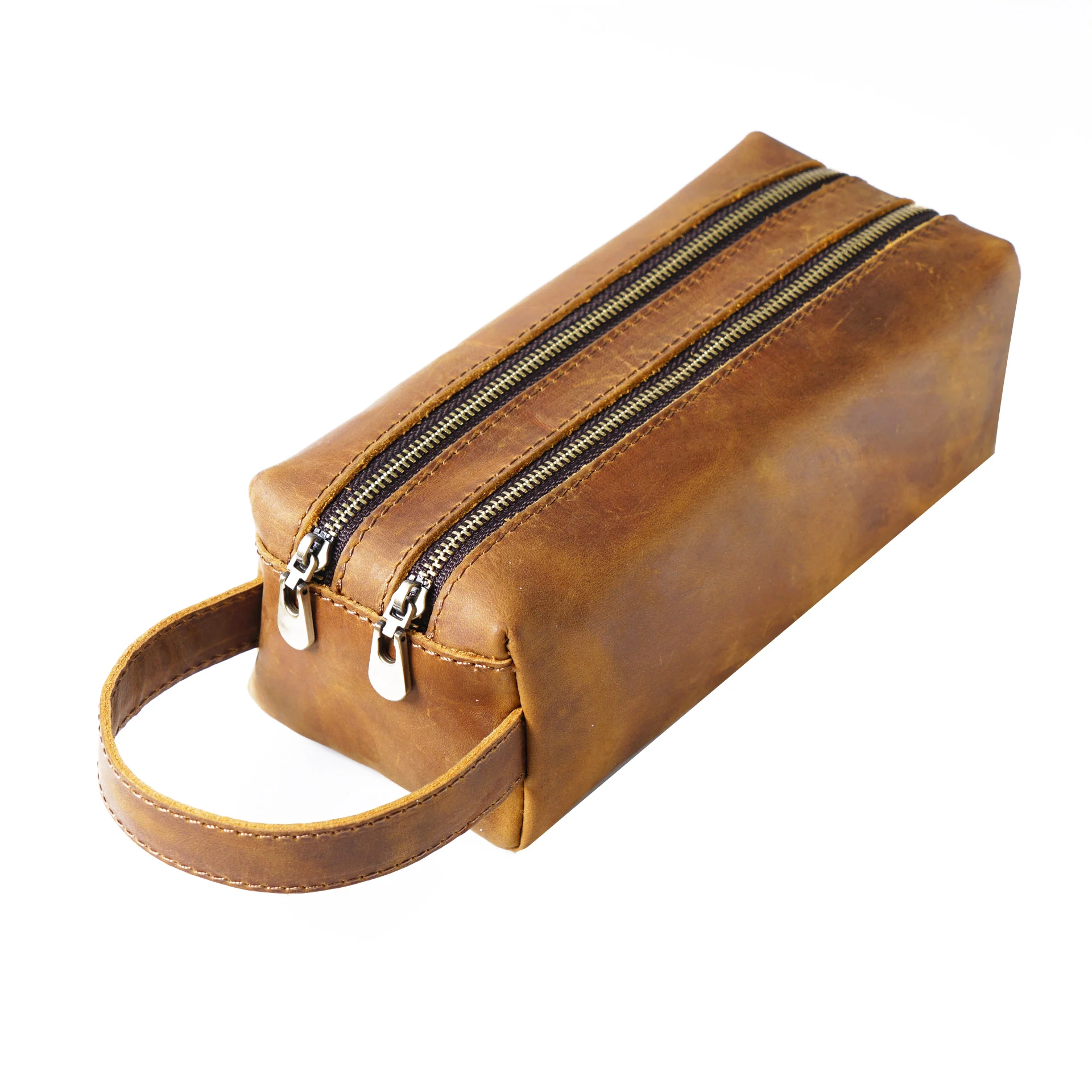 AIGUONIU Genuine Cowhide Leather Double Zipper Pen Case Vintage Design Large Capacity School Pencil Bag Storage Pouch
