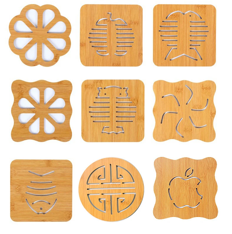 

Cartoon Wood Placemat For Dining Table Cute Bamboo Heat-insulated Anti-slip Pot Pad Cup Coaster Kitchen Heat-proof Mat, Brown