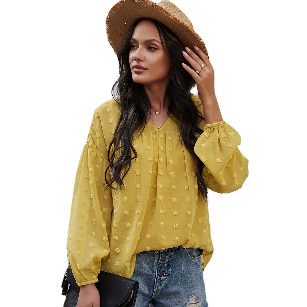 

Fashionable Casual V Neck Long Sleeve Chiffon Shirts Tops Women Blouse, Green,yellow,white,navy, brown or custom colors