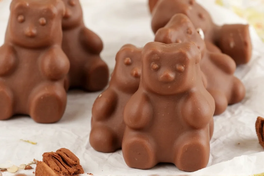 Close-up photograph of chocolate covered cinnamon bears arranged on a wooden table with cinnamon sticks and cocoa beans