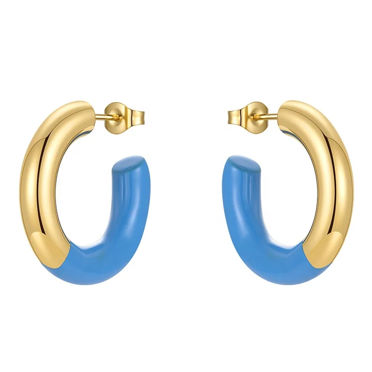 

Latest High Quality 18K Gold Plated Stainless Steel Jewelry C Shape Steel Hoop Epoxy Accessories Earrings E211310