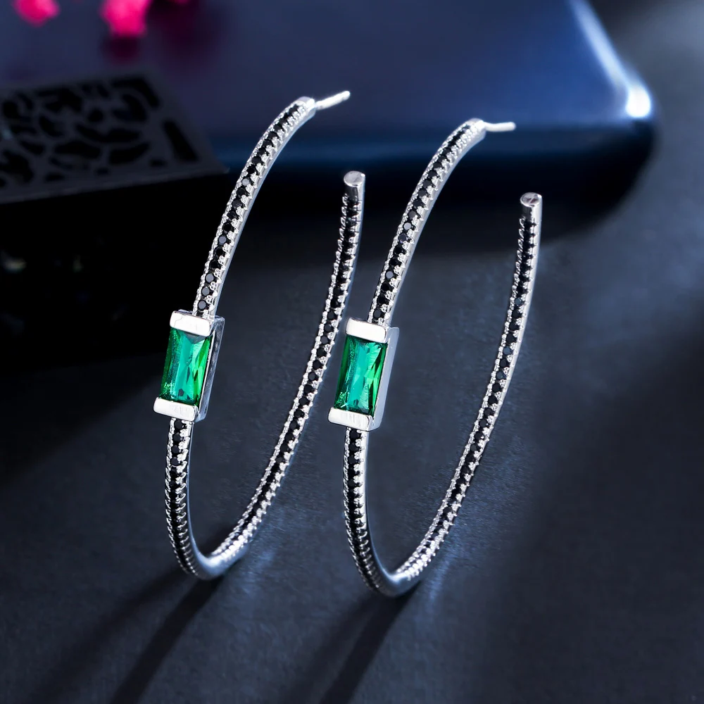 New Trendy Black and Green Cubic Zirconia Big Oversized Thin Round Circle Hoop Earrings for Women Silver Plated Party Jewelry