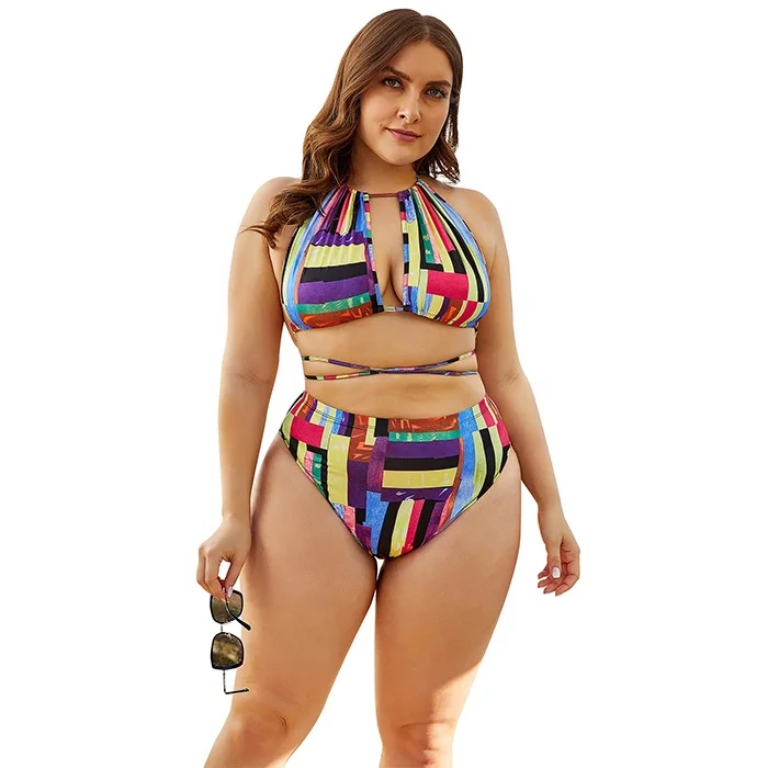 

5XL Deep V Strip Halter Spaghetti Straps Two Piece Bathing Suits Swimsuit Sexy Tankinis Bikinis Woman Plus Size Swimwear Women