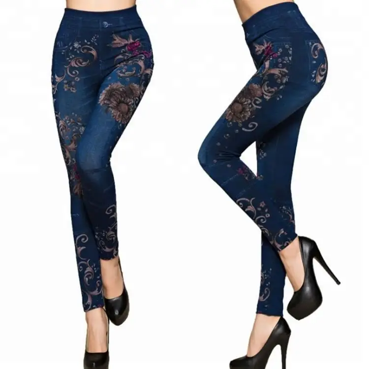 

Floral Flower Print Blue Jean Denim Style High Waist Tights Leggings for Women, 14 colors