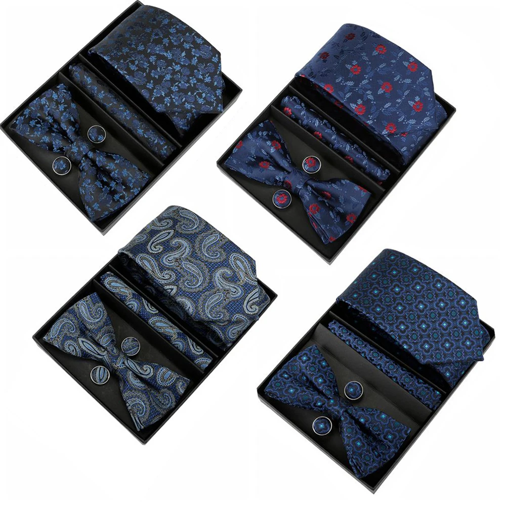 

5pcs Cufflinks Set And Tie Box For Men Bowtie Handkerchief Neck tie Set Mens Blue Tie Set