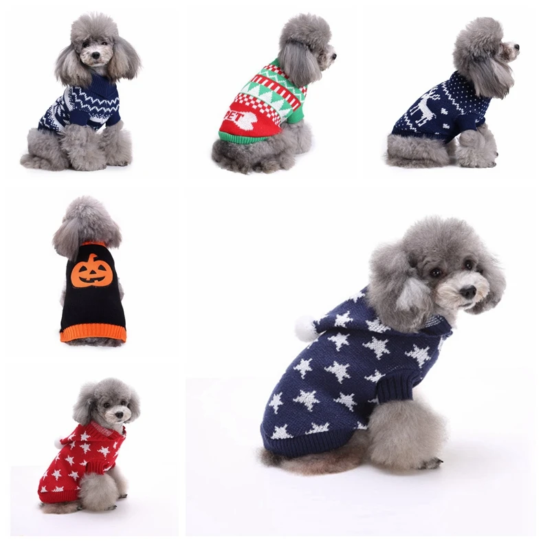 

H84 Winter Soft Warm Reindeer Pumpkin Snowflake Pattern Puppy Pet Cloth Knitted Halloween Christmas Dog Clothes, Multi