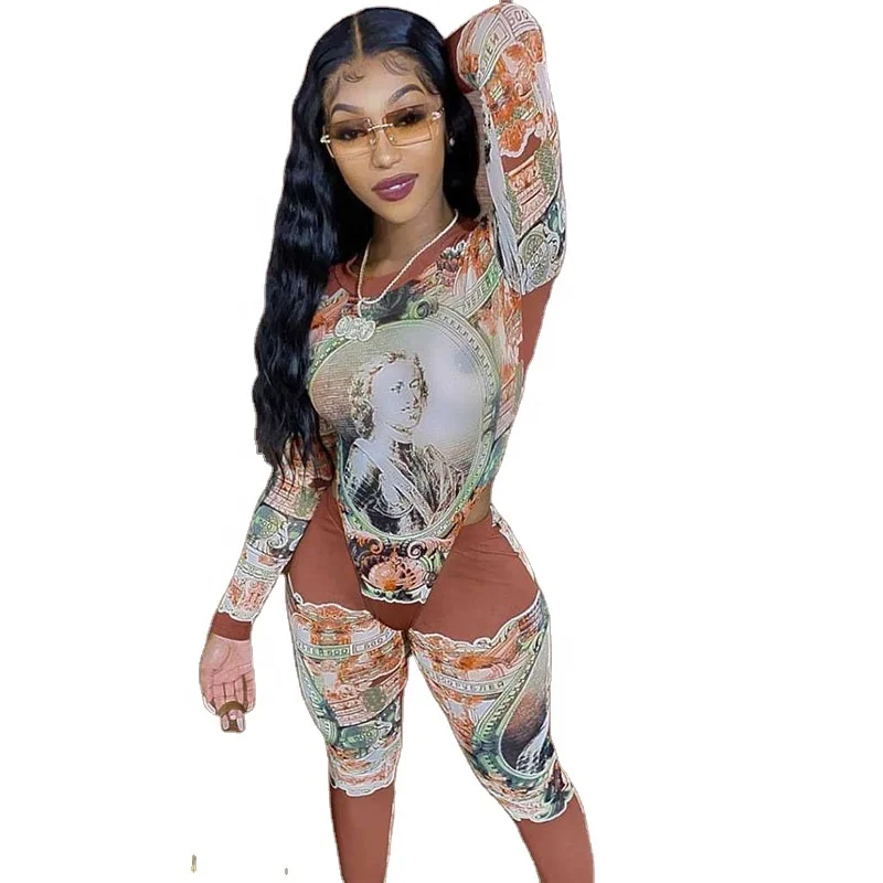 

Vintage Printed High Cut Long Sleeve Bodysuit 2pc Pants Set Women