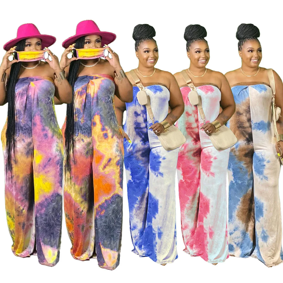 

Women Loose Sleeveless Strapless Jumpsuits With Pockets Tie Dye Print Backless Straight Rompers Plus Size Jumpsuits Women 2021, Yellow, blue, pink, light blue, orange