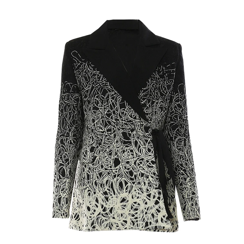 

TWOTWINSTYLE Black White Print Notched Collar Long Sleeve Hit Color 2023 Women Jackets Coat