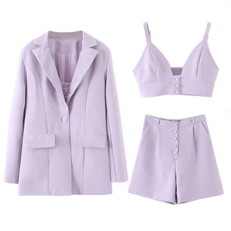 

Fashion new fall 3 pieces purple shorts tops and blazers suits set for office ladies women, Color