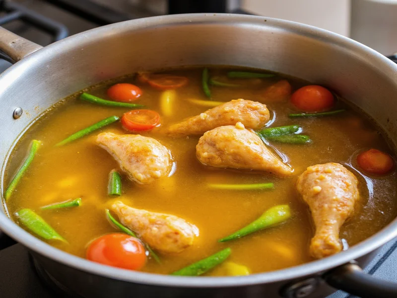 Golden chicken broth simmering with vegetables in stainless steel pot