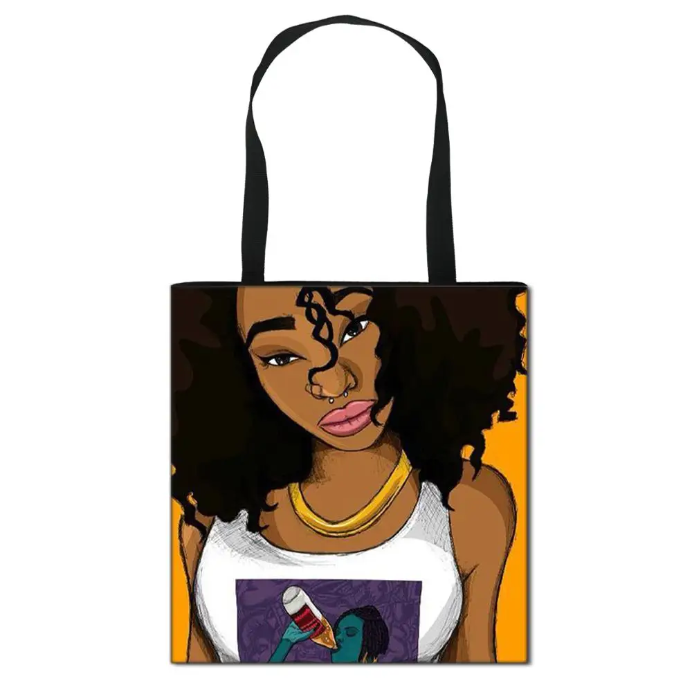 

Custom Fashion Print Handbag Women Tote Bag African Black Girl Foldable Shoulder Bag Lady Reusable Large Capacity Shopping Bags, Customizable