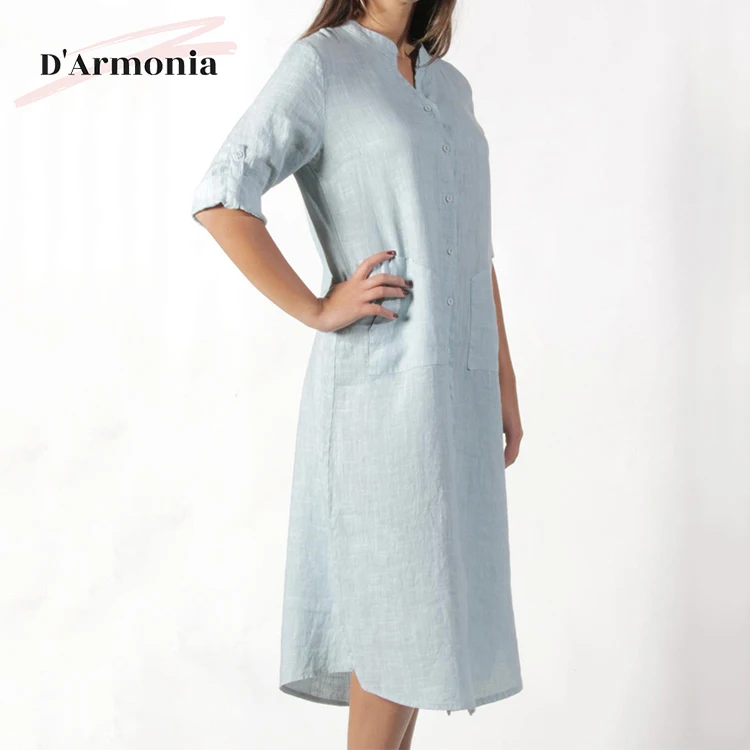 Latest Half Sleeve Linen Dress From Italy Silm Solid Color Dress For