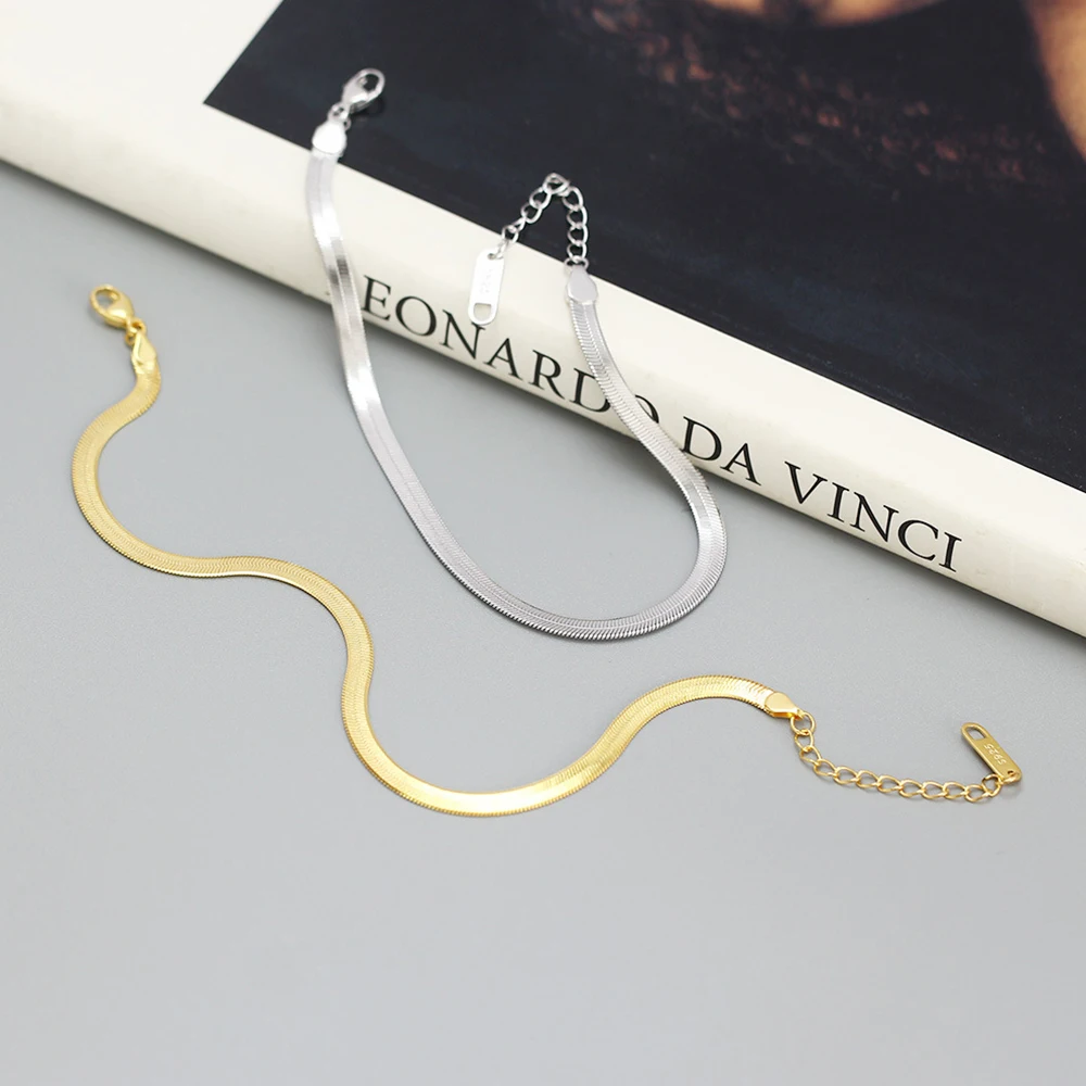 18K Gold & 925 Sterling Silver Plated Luxury Charm Stacking Herringbone Flat Snake Bone Chain Bracelet for Women Fashion Jewelry