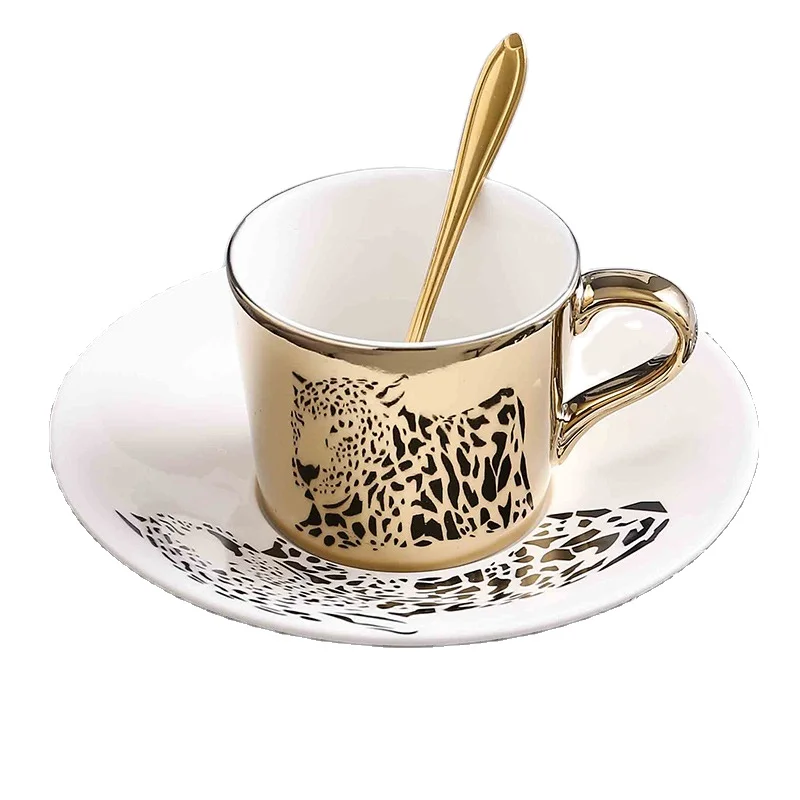 

Custom environmentally friendly cheetah coffee cup ceramic unique electroplating mirror cup and saucer set porcelain