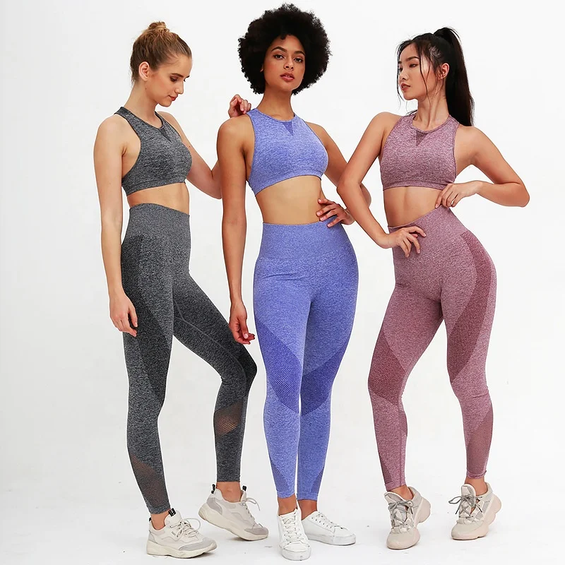 

2020 Spring New Design Top Quality Seamless Mesh Fitness Workout Tights Leggings And Sports Bra Set, 3color options