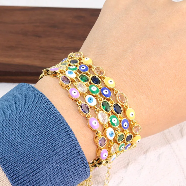 

BC1461 New 18k Gold Plated Rainbow Enamel Multicolor evil eyes and Crystal CZ Diamond Spiritual Tennis Chain bracelet Jewelry