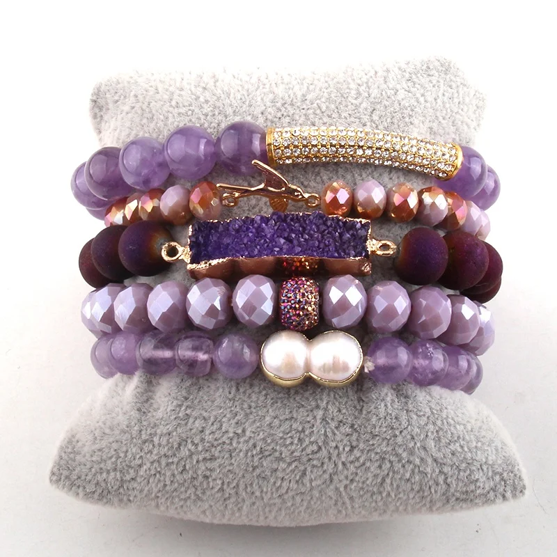 

Women Strand Handmade Violet Purple Stack Stone Bracelet Set Crystal Glass Beads Freshwater Pearl Druzy Stack Bracelet Set, Different