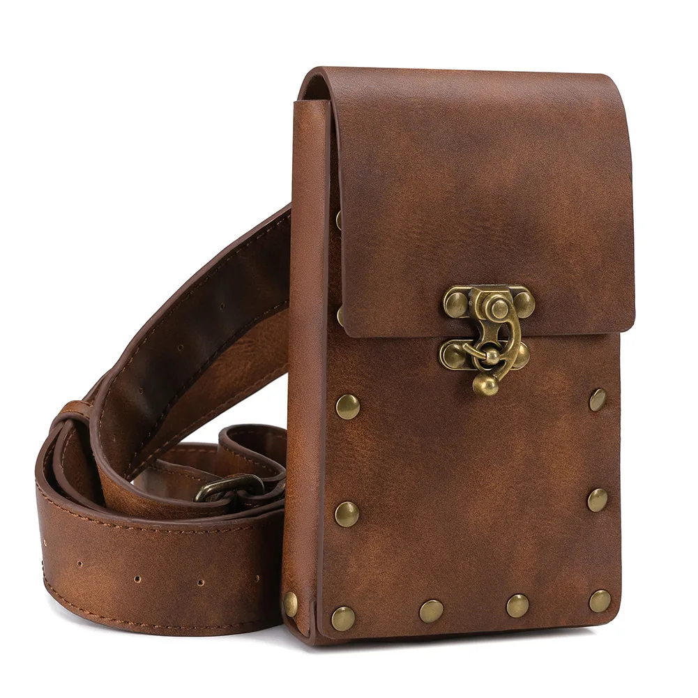 

Retro brown steampunk outdoor sport pouch high quality PU leather purse