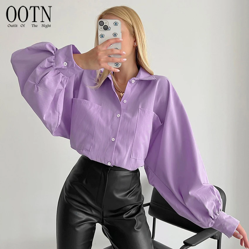 OOTN 2023 Spring Chic Lady Solid Tops Female Loose Turn Down Collar Single Breasted Blouses Women Fashion Bat Sleeve Shirts